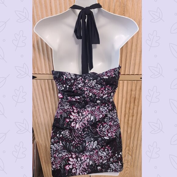 Studio Y Beaded Halter Top XL | Black Floral Print | Statement Neckline - Picture 4 of 7